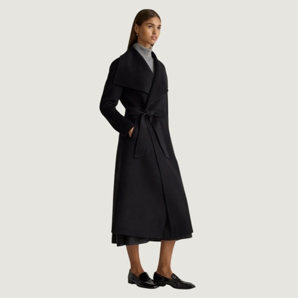 NEW Quince Double-Faced Merino Wool Draped Collar Wrap Coat Women M Black Belted